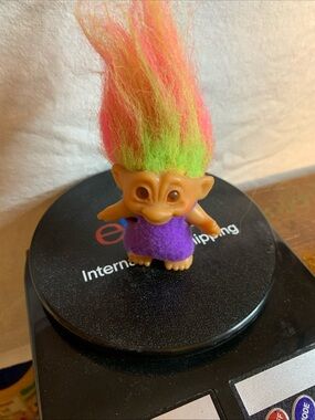 Vintage Troll Doll with Neon Rainbow Hair and Purple Dress